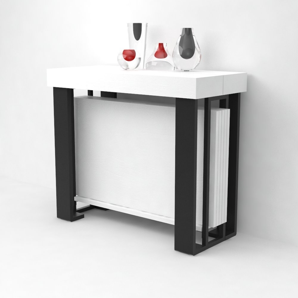 Console design ultra-tendance au meilleur prix, Console extensible Design  BALTO avec tables dépliables/chaises intégrées Blanc Mat/Structure Blanc