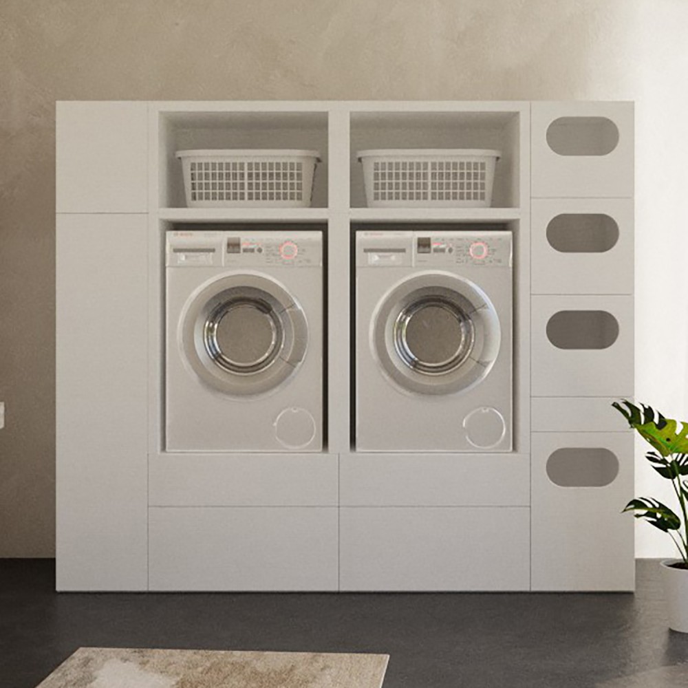 Meuble colonne + compartiment avec portes machine à laver - Buanderie